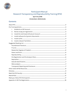 Participant Manual Research Transparency and Reproducibility Training (RT2) April 4-6, 2018 Amsterdam, Netherlands Contents