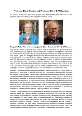 Professor Elinor Ostrom and Professor Oliver E. Williamson