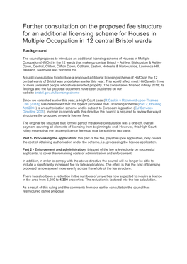 Further Consultation on the Proposed Fee Structure for an Additional Licensing Scheme for Houses in Multiple Occupation in 12 Central Bristol Wards