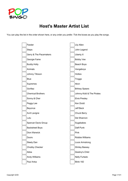 Host's Master Artist List