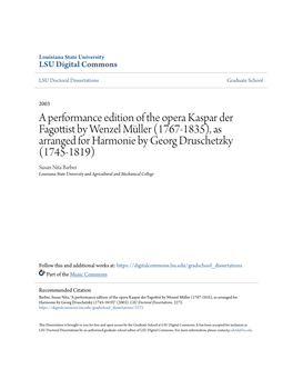 A Performance Edition of the Opera Kaspar Der Fagottist by Wenzel Müller