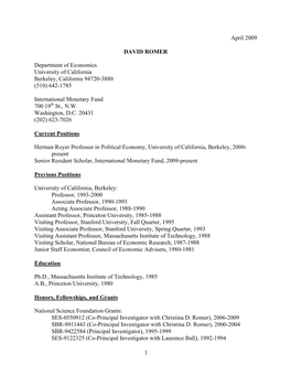 1 April 2009 DAVID ROMER Department of Economics University of California Berkeley, California 94720-3880