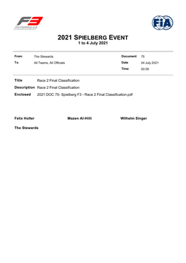 Final Classification Description Race 2 Final Classification Enclosed 2021 DOC 75- Spielberg F3 - Race 2 Final Classification.Pdf