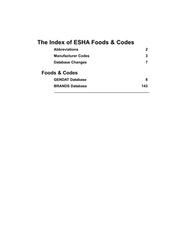 The Index of ESHA Foods & Codes