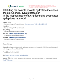 Inhibiting the Soluble Epoxide Hydrolase Increases the Epfas and ERK1/2 Expression in the Hippocampus of Licl-Pilocarpine Post-Status Epilepticus Rat Model