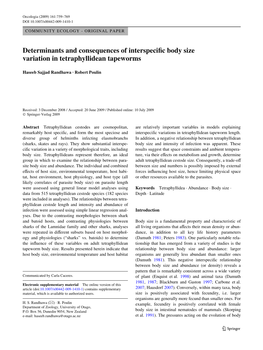 Determinants and Consequences of Interspeciwc Body Size Variation in Tetraphyllidean Tapeworms