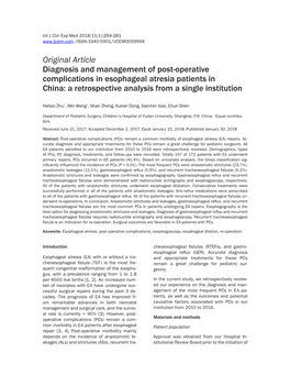 Original Article Diagnosis and Management of Post-Operative Complications in Esophageal Atresia Patients in China: a Retrospective Analysis from a Single Institution