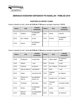 Zbiranje Kosovnih Odpadkov Po Naseljih - Pomlad 2019