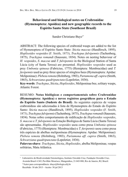 Behavioural and Biological Notes on Crabronidae (Hymenoptera: Apoidea) and New Geographic Records to the Espírito Santo State (Southeast Brazil)