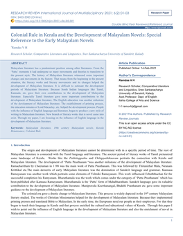 Colonial Rule in Kerala and the Development of Malayalam Novels: Special Reference to the Early Malayalam Novels