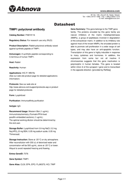 TIMP1 Polyclonal Antibody Gene Summary: This Gene Belongs to the TIMP Gene Family