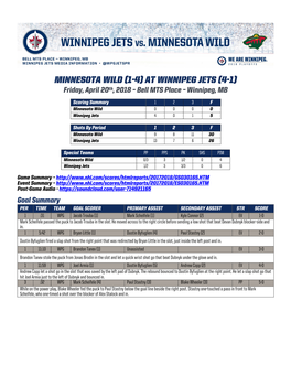 Minnesota Wild (1-4) at Winnipeg Jets (4-1) Friday, April 20Th, 2018 – Bell MTS Place – Winnipeg, MB