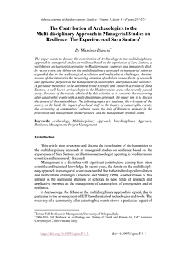 The Contribution of Archaeologists to the Multi-Disciplinary Approach in Managerial Studies on Resilience: the Experiences of Sara Santoro1