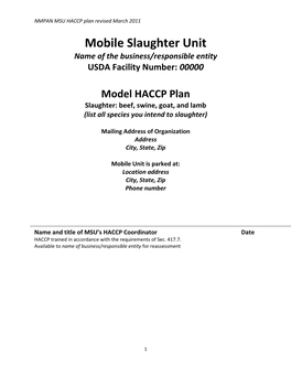 HACCP Plan Revised March 2011