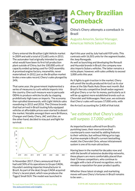 A Chery Brazilian Comeback China’S Chery Attempts a Comeback in Brazil Augusto Amorim, Senior Manager, Americas Vehicle Sales Forecasts