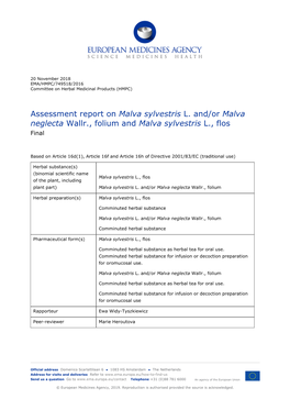 Assessment Report on Malva Sylvestris L. And/Or Malva Neglecta Wallr., Folium and Malva Sylvestris L., Flos Final