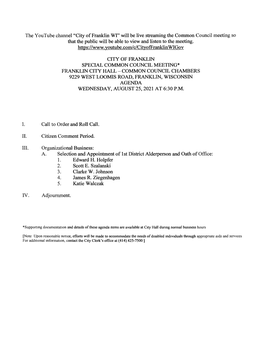 Special Common Council Meeting Packet 8/25/2021