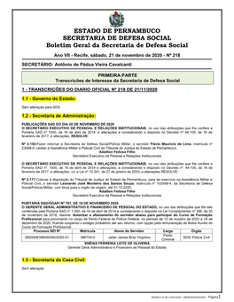 ESTADO DE PERNAMBUCO SECRETARIA DE DEFESA SOCIAL Boletim Geral Da Secretaria De Defesa Social