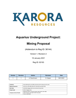 Aquarius Underground Project: Mining Proposal