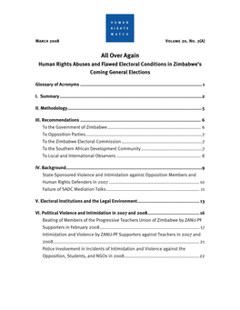 Over Again Human Rights Abuses and Flawed Electoral Conditions in Zimbabwe’S Coming General Elections