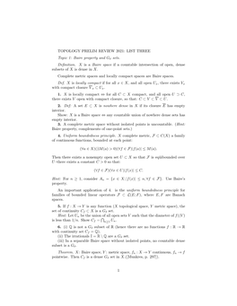 TOPOLOGY PRELIM REVIEW 2021: LIST THREE Topic 1: Baire Property and Gδ Sets. Definition. X Is a Baire Space If a Countable Inte