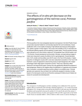 The Effects of In-Vitro Ph Decrease on the Gametogenesis of the Red Tree Coral, Primnoa Pacifica