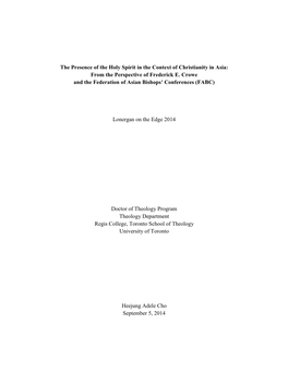 The Presence of the Holy Spirit in the Context of Christianity in Asia: from the Perspective of Frederick E