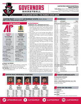 Letsgopeay.Com /Letsgopeay @Letsgopeay @Letsgopeay Noting the Game ■ What You Should Know Vs