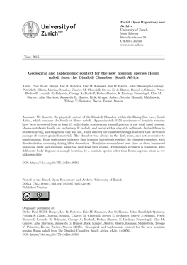 Geological and Taphonomic Context for the New Hominin Species Homo Naledi from the Dinaledi Chamber, South Africa