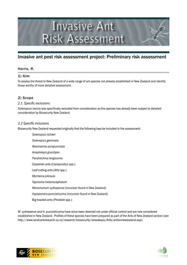 Invasive Ant Pest Risk Assessment Project: Preliminary Risk Assessment