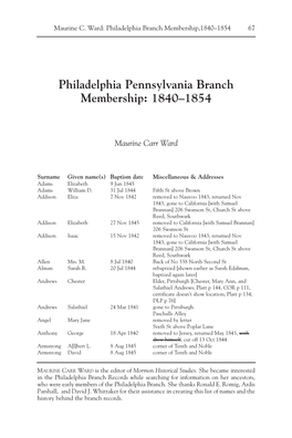 Philadelphia Pennsylvania Branch Membership: 1840–1854