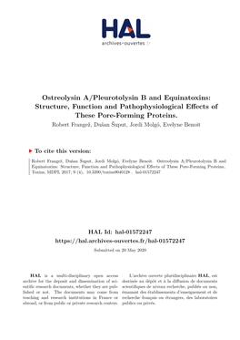 Ostreolysin A/Pleurotolysin B and Equinatoxins: Structure, Function and Pathophysiological Effects of These Pore-Forming Proteins