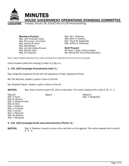 MINUTES HOUSE GOVERNMENT OPERATIONS STANDING COMMITTEE Tuesday, January 29, 2019|2:00 P.M.|30 House Building