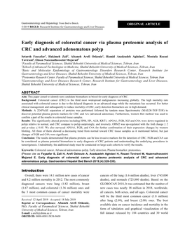 Early Diagnosis of Colorectal Cancer Via Plasma Proteomic Analysis of CRC and Advanced Adenomatous Polyp
