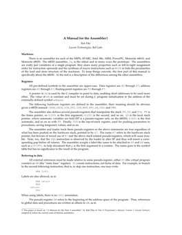 A Manual for the Assemblerߤ Rob Pike Lucent Technologies, Bell Labs