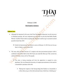 February 5, 2021 Thai Enquirer Summary Political News • Although