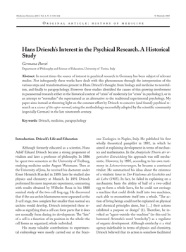 Hans Driesch's Interest in the Psychical Research. a Historical