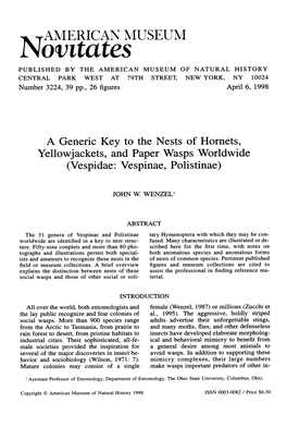 Novitattes PUBLISHED by the AMERICAN MUSEUM of NATURAL HISTORY CENTRAL PARK WEST at 79TH STREET, NEW YORK, NY 10024 Number 3224, 39 Pp., 26 Figures April 6, 1998