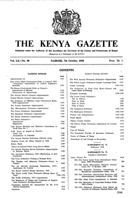 THE KENYA GAZETTE Pubhshed Under the Authority of Hw Excellency the Governor of the Colony and Protectorate of Kenya (Registered As a Newspaper at Thc G P 0 )