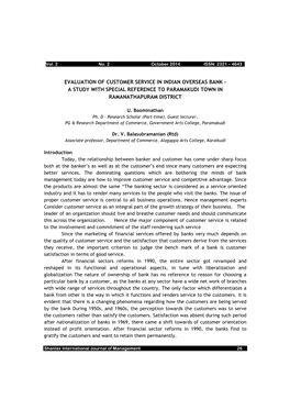 Evaluation of Customer Service in Indian Overseas Bank - a Study with Special Reference to Paramakudi Town in Ramanathapuram District