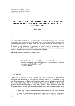 Syntactic Structures and Their Symbiotic Guests. Notes on Analepsis from the Perspective of On- Line Syntax*