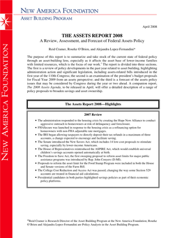 THE ASSETS REPORT 2008 a Review, Assessment, and Forecast of Federal Assets Policy