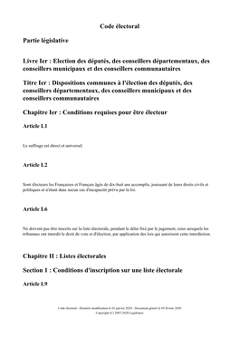 Code Électoral Partie Législative Livre Ier : Election Des Députés, Des