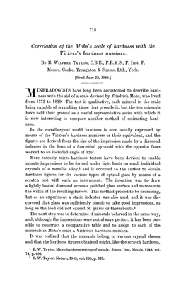 Correlation of the Mohs's Scale of Hardness with the Vickers' S Hardness Numbers