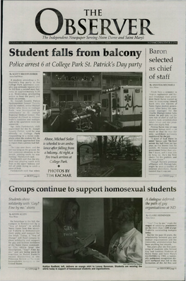 Student Falls from Balcony Baron Selected Police Arrest 6 at College Par As Chief by SCOTT BRODFUEHRER Senior Staff Writer of Staff a Student Attending a St