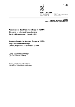 Assemblées Des États Membres De L'ompi Assemblies of the Member States of WIPO
