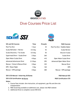 Dive Courses Price List