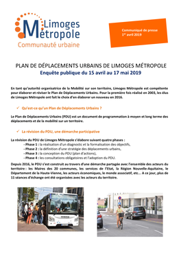 PLAN DE DÉPLACEMENTS URBAINS DE LIMOGES MÉTROPOLE Enquête Publique Du 15 Avril Au 17 Mai 2019