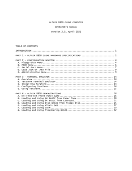 ALTAIR 8800 CLONE COMPUTER OPERATOR's MANUAL Version