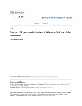 Freedom of Expression in Russia As It Relates to Criticism of the Government